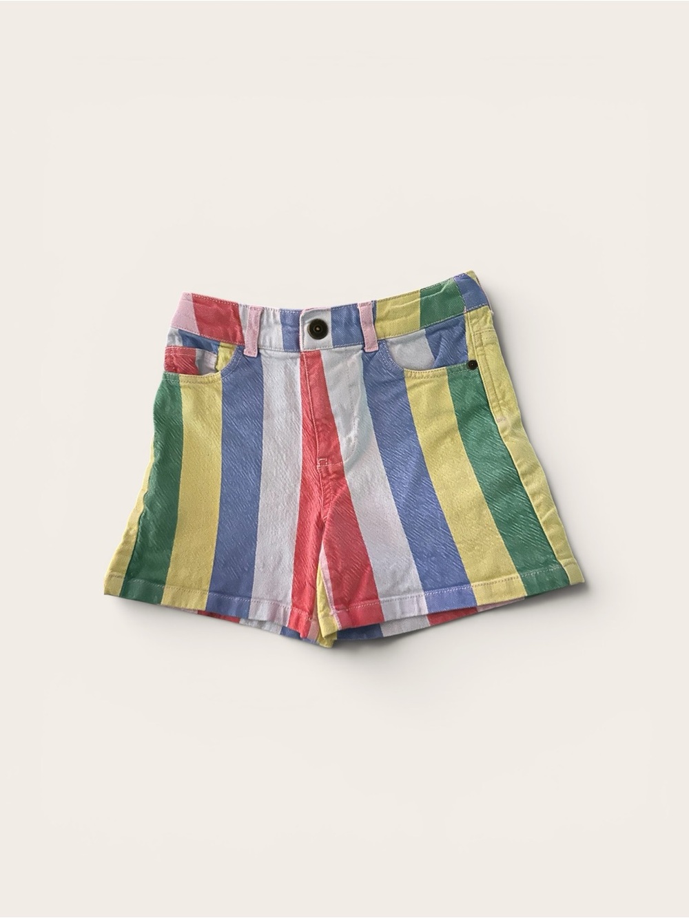 multi-colored Mini Boden pastel rainbow striped denim shorts #camp #school